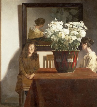 Figure con una ciotola di crisantemi bianchi da Gustav Wilhelm Blom
